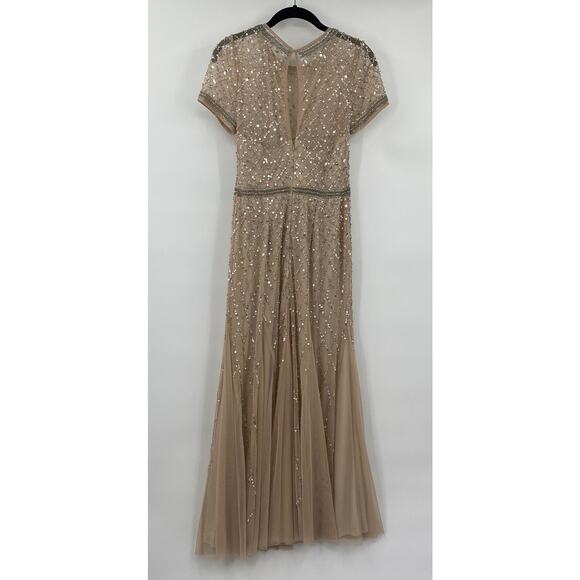 Adrianna Papell Gown Beaded Mesh Diamond Pattern Short Sleeve Champagne 6 Petite - Picture 8 of 16